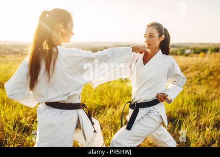 Due femmina karate con cinture nere lotta nel campo estivo. Arte marziali fighters su allenamento all'aperto, tecnica pratica Foto Stock