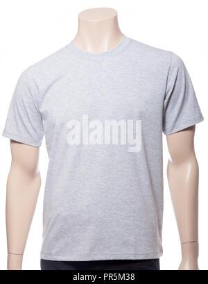 Heathered grigio shortsleeve T-shirt di cotone su un manichino isolato su uno sfondo bianco Foto Stock