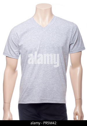 Heathered grigio shortsleeve T-shirt di cotone su un manichino isolato su uno sfondo bianco Foto Stock