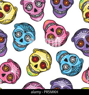Calavera segno Dia de los Muertos. Modello senza giunture. Mexican giorno dei morti. Vettore darwing mano illustrazione donna e uomo adesivo Illustrazione Vettoriale