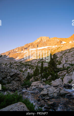 Sunrise lungo il fiume King con il nero si dividono in background. John Muir Trail/Pacific Crest Trail; Sequoia Kings Canyon deserto; Kings Cany Foto Stock