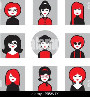 Gli Avatar di ragazze in stile retrò. Vintage acconciature moda e accessori da 60s Illustrazione Vettoriale