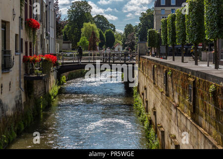 Il fiume Geul scorre passato edifici storici nella cittadina di Valkenburg aan de Geul nella provincia del Limburgo olandese. Foto Stock