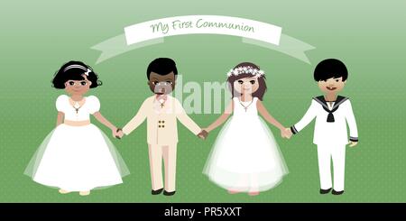 La mia Prima Comunione. Ragazzi e ragazze che indossano abiti comunione tenendo le mani Illustrazione Vettoriale