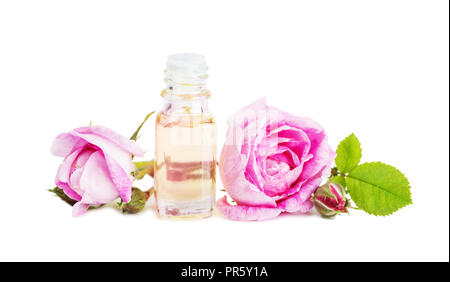Flaconcino con olio essenziale e due rose isolato su uno sfondo bianco Foto Stock