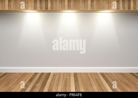 Colori Bianco a parete e pavimento in legno interno con macchie di luce,3D illustrazione Foto Stock