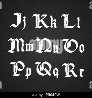 Vecchio disegnati a mano lettere gotiche disegno con gesso bianco, J-R i simboli sulla lavagna Illustrazione Vettoriale