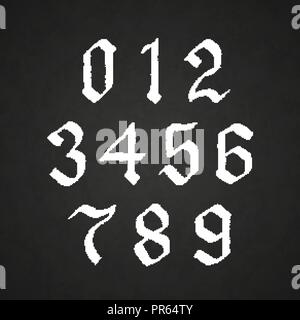 Vecchio disegnati a mano i numeri gotico disegno con gesso bianco sulla lavagna nera Illustrazione Vettoriale