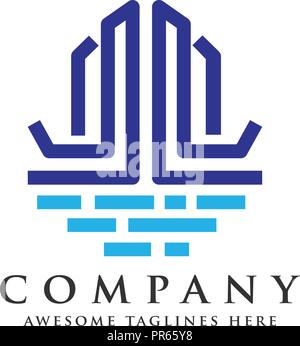 Line art illustrazione vettoriale della città e logo sul fiume Illustrazione Vettoriale