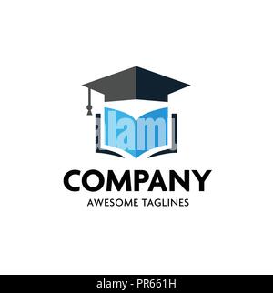 Istruzione concetto del logo con cappuccio di graduazione e aprire le pagine del libro, tappo di graduazione e libro aperto concetto di logo, l educazione, la scuola studente il concetto di logo Illustrazione Vettoriale