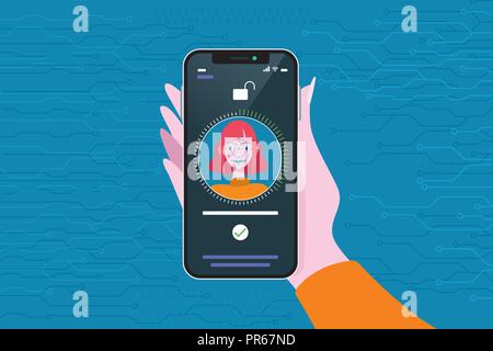 La tecnologia di riconoscimento facciale, utilizzato in un telefono intelligente. La scansione og il volto di una giovane donna per il riconoscimento facciale. Illustrazione Vettoriale