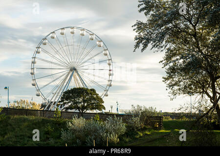 La mattina presto e il 'Skegness occhio' ruota panoramica Ferris vicino al lungomare è illuminato dalla luce di Alba. Foto Stock