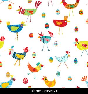 Vector colorato polli funky pattern seamless sfondo. Divertimento e felici di utilizzarlo per tessuto, scrapbook, carta regalo, sfondi e tutti i tipi di cr. Illustrazione Vettoriale