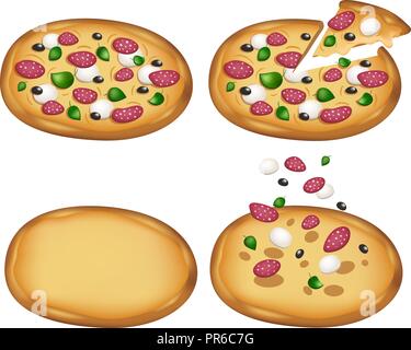 Margarita Pizza Kit con salame. Ingredienti tradizionali tutta la fetta e pizze. Illustrazione Vettoriale. Icona modificabile impostato Illustrazione Vettoriale