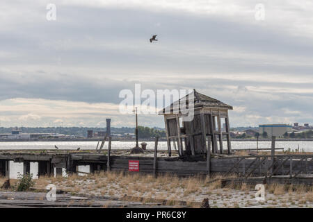 Strutture abbandonate a Liverpool docks con Birkenhead in background, 2015. Foto Stock