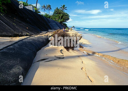 Spiaggia di grave erosione in Ehukai Beach o Banzai Pipeline, North Shore di Oahu, Hawaii, STATI UNITI D'AMERICA Foto Stock