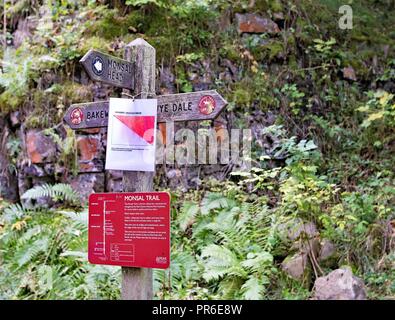 Segnaletica per un popolare percorso ciclabile e di attività ricreative ramble noto come Monsal Trail. Foto Stock