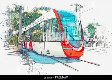 Un disegno ad acquerello o una illustrazione di un tradizionale tram o treni di massa ad Istanbul in Turchia. Foto Stock