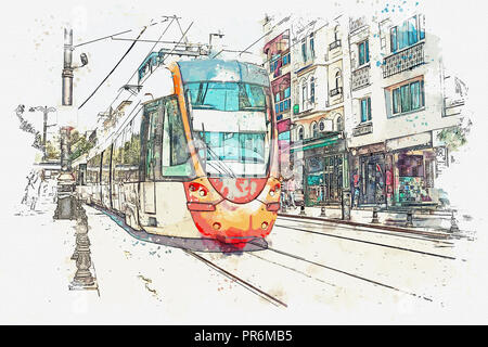 Un disegno ad acquerello o una illustrazione di un tradizionale tram o treni di massa ad Istanbul in Turchia. Foto Stock