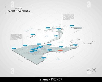 Isometrica, 3D Papua Nuova Guinea mappa. Stilizzata mappa vettoriale illustrazione con città, frontiere, capitale, divisioni amministrative e i contrassegni del puntatore; gradie Illustrazione Vettoriale