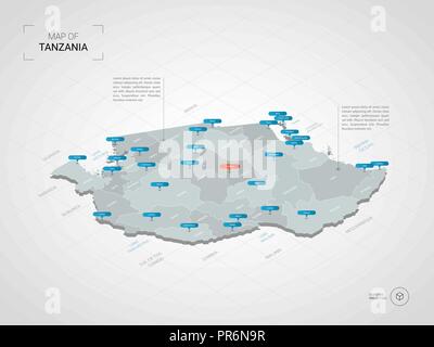 Isometrica, 3D Tanzania mappa. Stilizzata mappa vettoriale illustrazione con città, frontiere, capitale, divisioni amministrative e i contrassegni del puntatore; gradiente backg Illustrazione Vettoriale