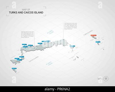 Isometrica, 3D Turks e Caicos mappa. Stilizzata mappa vettoriale illustrazione con città, frontiere, capitale, divisioni amministrative e i contrassegni del puntatore; gradie Illustrazione Vettoriale