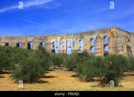 Il Portogallo, regione Alentejo, Elvas. Il XVI secolo Amoreira acquedotto con un uliveto in primo piano. Elvas è un sito Patrimonio Mondiale dell'UNESCO. Foto Stock