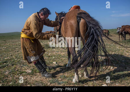 Un uomo locale indossando un tradizionale deel visto il montaggio di una sella sul suo cavallo accanto alla piccola città di Adaatsag nella provincia Dundgovi in Mongolia centrale. Foto Stock