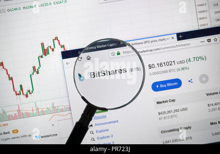 MONTREAL, Canada - 8 Settembre 2018: Bitshares altcoin sito sotto la lente di ingrandimento. Blockchain è un crescente elenco di record che sono collegati usando cr Foto Stock