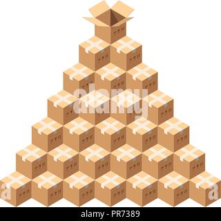 Isometrica pacchetti vettoriali. Tutta la pila di pacchi con nastro adesivo. Piramide di scatole di cartone isolato su bianco. Tutte le scatole sono sigillate, uno scoperto casella in alto. Pacco postale consegna concetto. Illustrazione Vettoriale