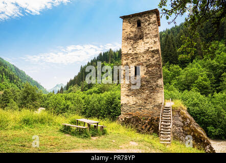 Torre Svan in campagna Svaneti, Georgia Foto Stock