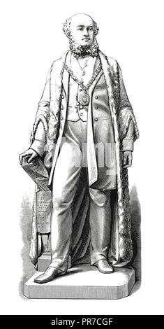 Xix secolo illustrazione di una statua di Sir James Ramsden. Sir James Ramsden (1822 - 1896) era un britannico di ingegnere civile, industriale, civica e le Foto Stock