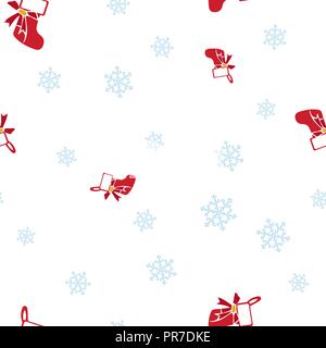 Rosso calza di Natale e il simbolo del fiocco di neve seamless pattern. Isolato su uno sfondo bianco. Illustrazione Vettoriale. Illustrazione Vettoriale