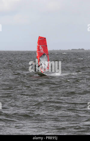 Isola di Oxford, Lough Neagh, Irlanda del Nord.Il 30 settembre 2018. Un ventoso giorni di autunno con un forte nord-ovest vento, periodi di sole e squally docce. Windsurf sul Lough Neagh. Credito: David Hunter/Alamy Live News. Foto Stock