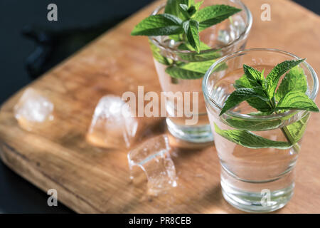 Bicchieri di gin o vodka alla menta sul tavolo di legno con ghiaccio fuso. Cocktail alcoolico. Copiare lo spazio Foto Stock