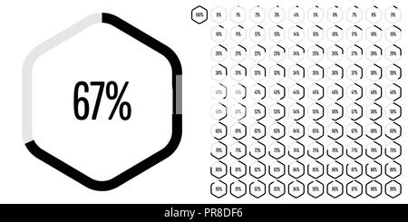 Set di esagono diagrammi di percentuale da 0 a 100 pronto per l'uso per il web design, l'interfaccia utente (UI) o una infografica - indicatore di nero Illustrazione Vettoriale