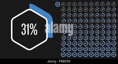 Set di esagono diagrammi di percentuale da 0 a 100 pronto per l'uso per il web design, l'interfaccia utente (UI) o una infografica - indicatore con blu Illustrazione Vettoriale