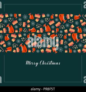 Vettore scheda di natale con graziosi volpi su sfondo chiaro. Illustrazione Vettoriale