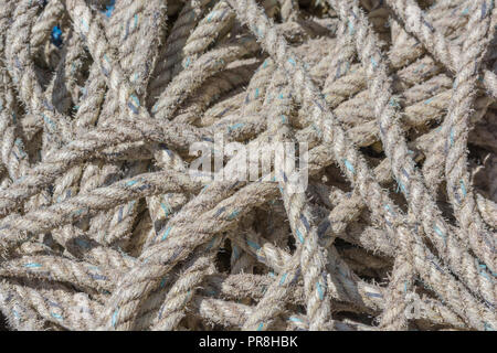 Le scene del porto intorno, Newquay Cornwall. Spirale marina commerciale corda sulla banchina del porto. Metafora impigliato in un groviglio, dato abbastanza corda. Foto Stock