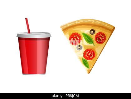 Il fast food icona e un pezzo di pizza e soda water cup Illustrazione Vettoriale