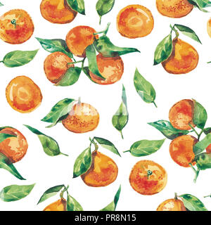 Acquerello tangerini seamless pattern. Agrumi freschi tangerine isolati su sfondo bianco Foto Stock