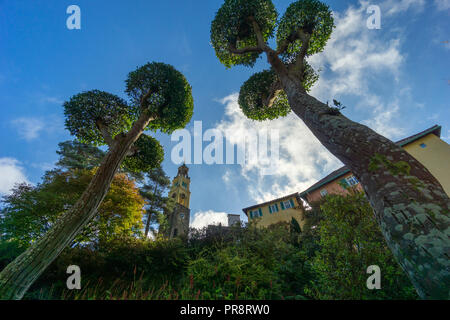 Varie scene su una calda giornata di sole intorno al villaggio di Portmeirion in Galles Foto Stock