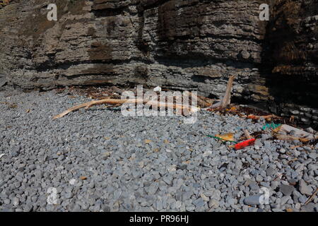 Driftwood e detriti accumulata sotto l immensa scogliera sulla spiaggia in ciottoli che mostra l'inquinamento da plastica e reti da pesca Barche. Foto Stock