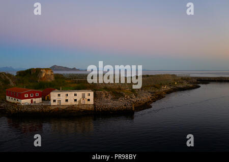 Tramonto sulla pesca norvegese magazzini e pesci di legno Cornici di essiccazione (Hjell) a Svolvaer, Isole Lofoten, Nordland County, Norvegia. Foto Stock