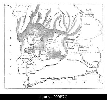 Xix secolo illustrazione della mappa di Andorra. Illustrazione originale pubblicato in Le magasin pittoresco da M. A. Lachevardiere, Parigi, 1846. Foto Stock