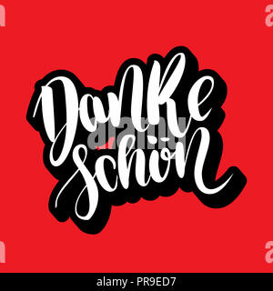 Danke schoen. Ringrazio in tedesco. disegnati a mano lettering spazzola su sfondo rosso. Volume 3d lettere Foto Stock