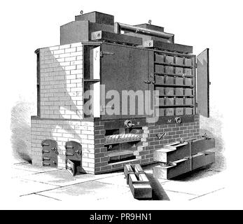 Xix secolo illustrazione di un forno per il riscaldamento dell'aria alimentato di altiforni. Pubblicato in 'Pratica rivista, una dell'Enciclopedia illustrata o Foto Stock