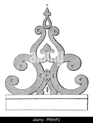 Xix secolo illustrazione di uno schizzo per il terminale di ornamenti, adatta sia per la parte superiore o inferiore della gronda-boards paling, o balcone-rails. Ho pubblicato Foto Stock