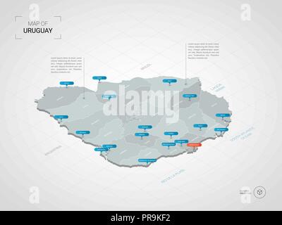 Isometrica, 3D'Uruguay mappa. Stilizzata mappa vettoriale illustrazione con città, frontiere, capitale, divisioni amministrative e i contrassegni del puntatore; backgr gradiente Illustrazione Vettoriale
