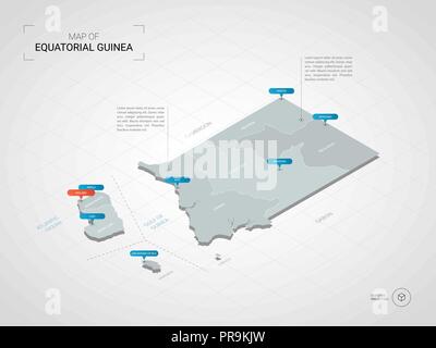 Isometrica, 3D Guinea Equatoriale mappa. Stilizzata mappa vettoriale illustrazione con città, frontiere, capitale, divisioni amministrative e i contrassegni del puntatore; gradi Illustrazione Vettoriale